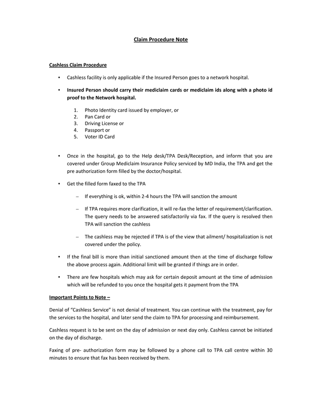 Claim Procedure Note screenshot
