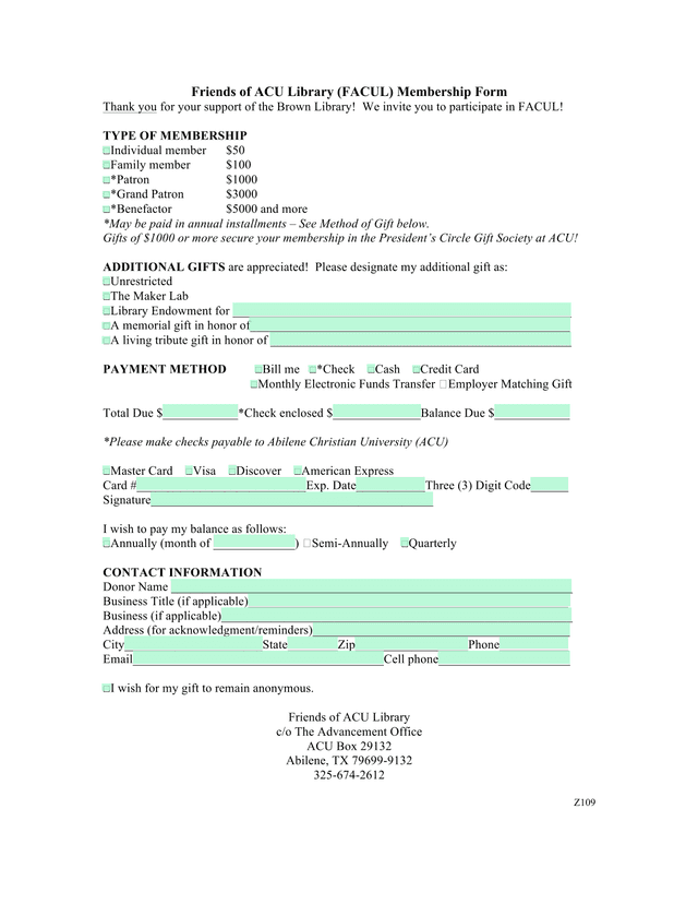 Friends Of ACU Library (FACUL) Membership Form screenshot