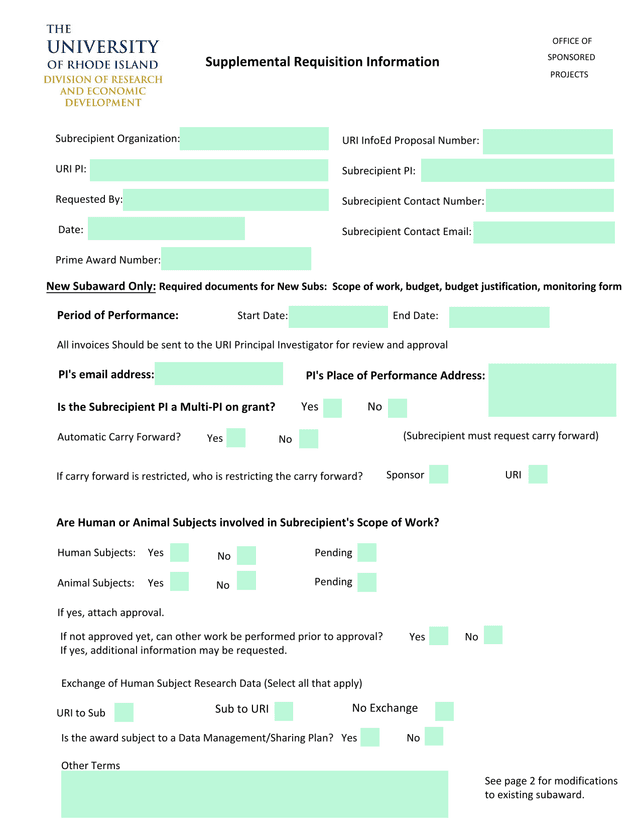 Subrecipient Organization Subaward Form screenshot