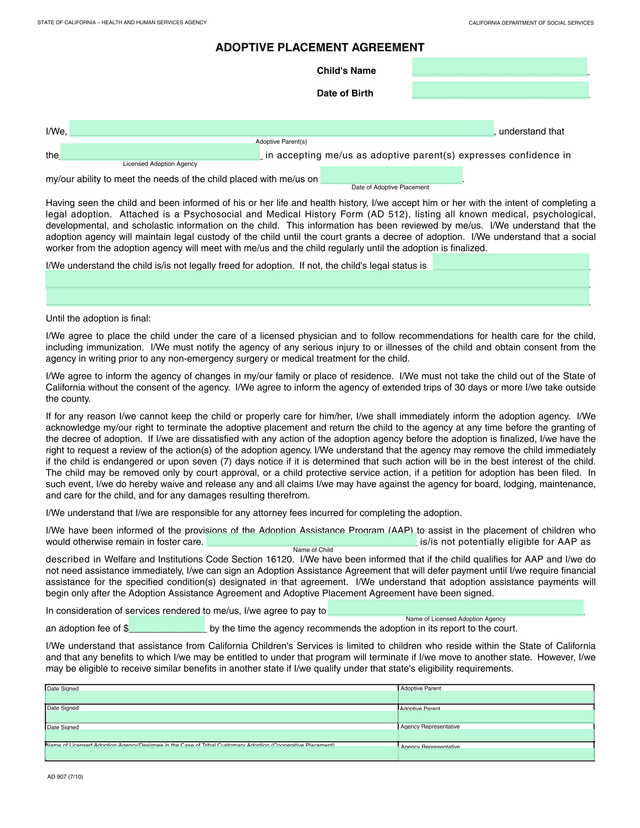 Adoptive Placement Agreement screenshot
