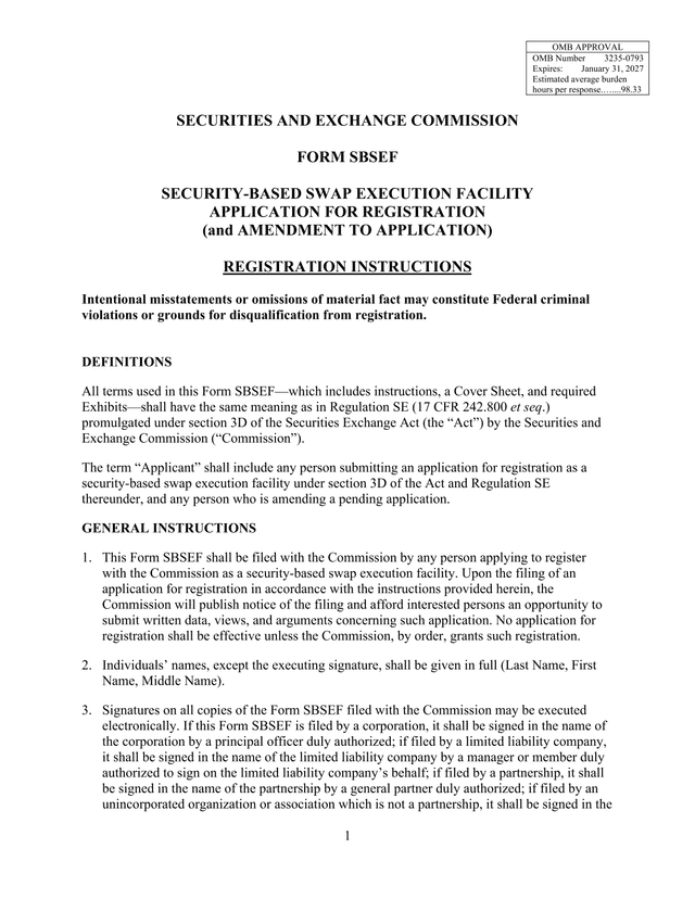 Form SBSEF Security Based Swap Execution Facility Application For Registration screenshot