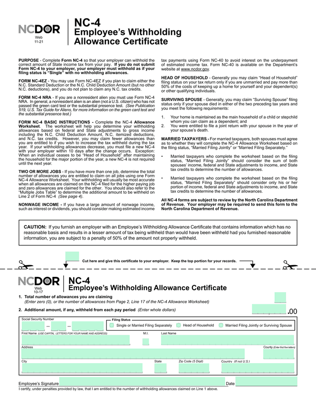 NC 4 Withholding Allowance Certificate screenshot