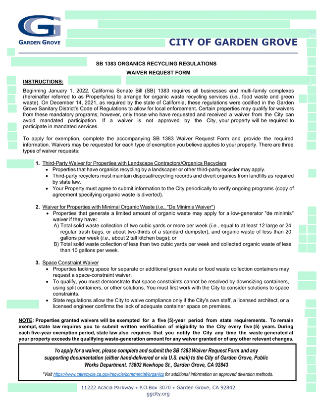 SB 1383 Organics Recycling Regulations Waiver Request Form screenshot