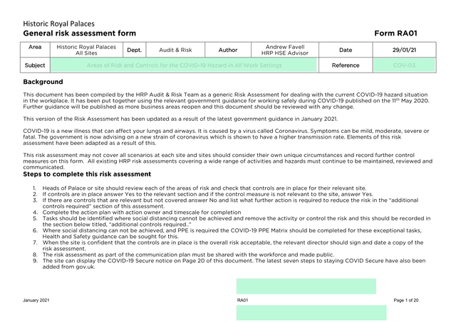 Historic Royal Palaces General Risk Assessment Form screenshot