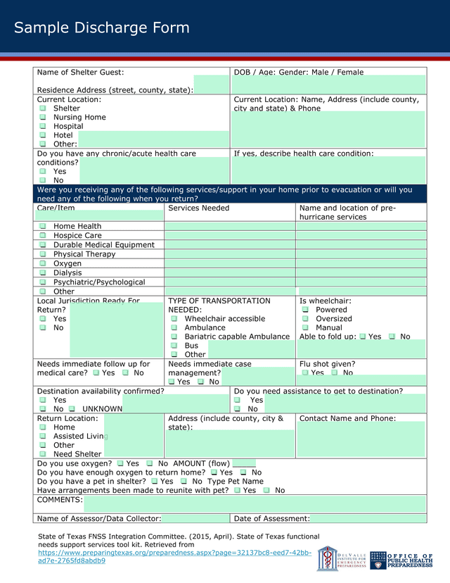 Sample Discharge Form screenshot