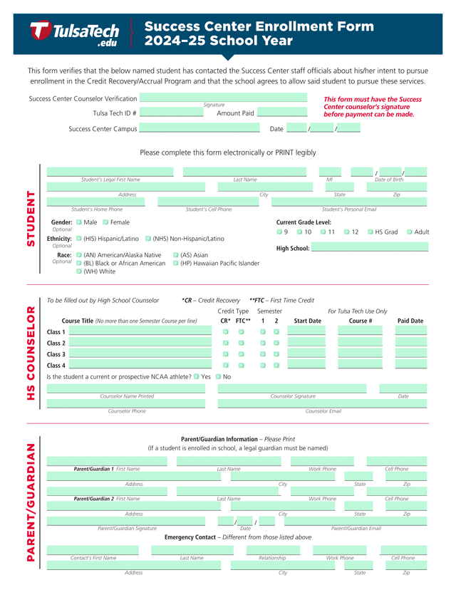 Success Center Enrollment Form screenshot