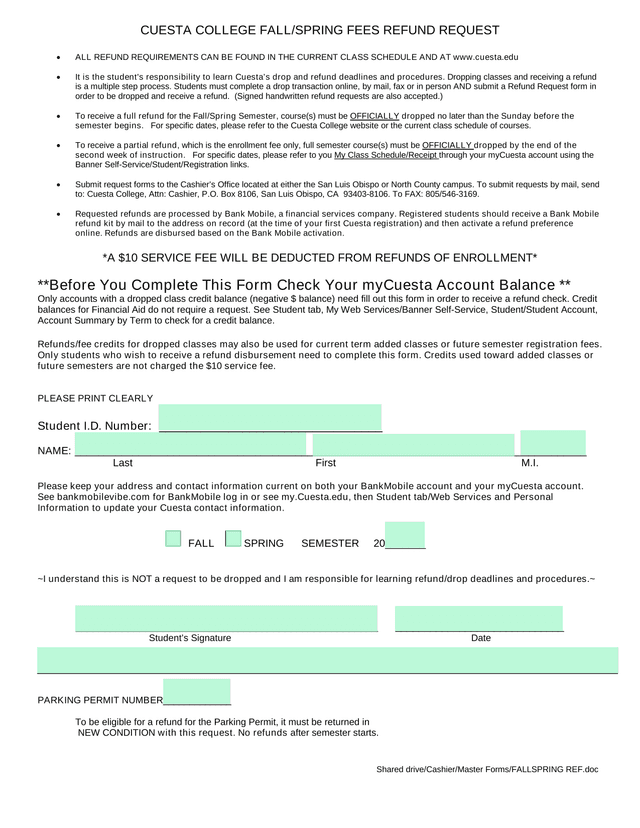 Cuesta College FallSpring Fees Refund Request screenshot