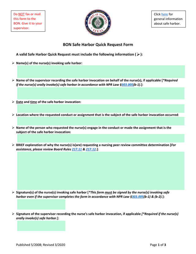 BON Safe Harbor Quick Request Form screenshot