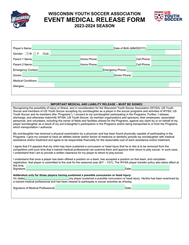 Wisconsin Youth Soccer Association Event Medical Release Form screenshot