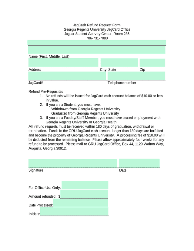 JagCash Refund Request Form screenshot