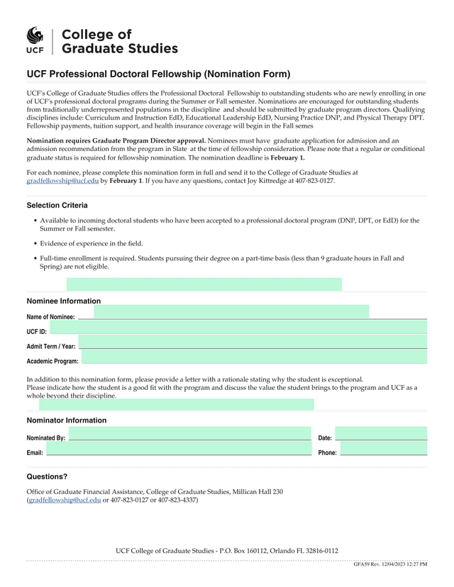 UCF Professional Doctoral Fellowship Nomination Form screenshot