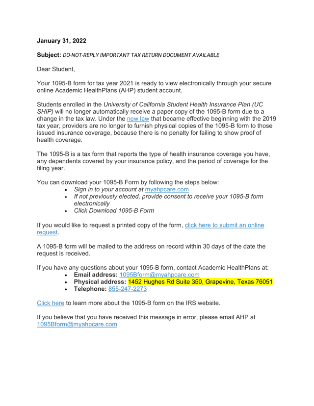 1095 B Form Notification screenshot