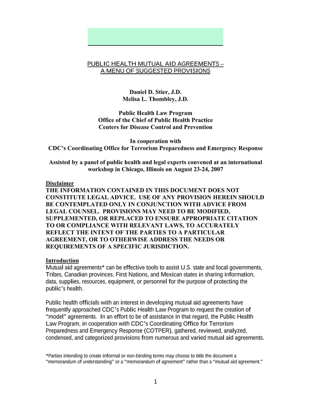 Public Health Mutual Aid Agreements  A Menu Of Suggested Provisions screenshot