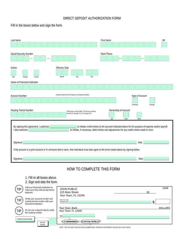 Direct Deposit Authorization Form screenshot