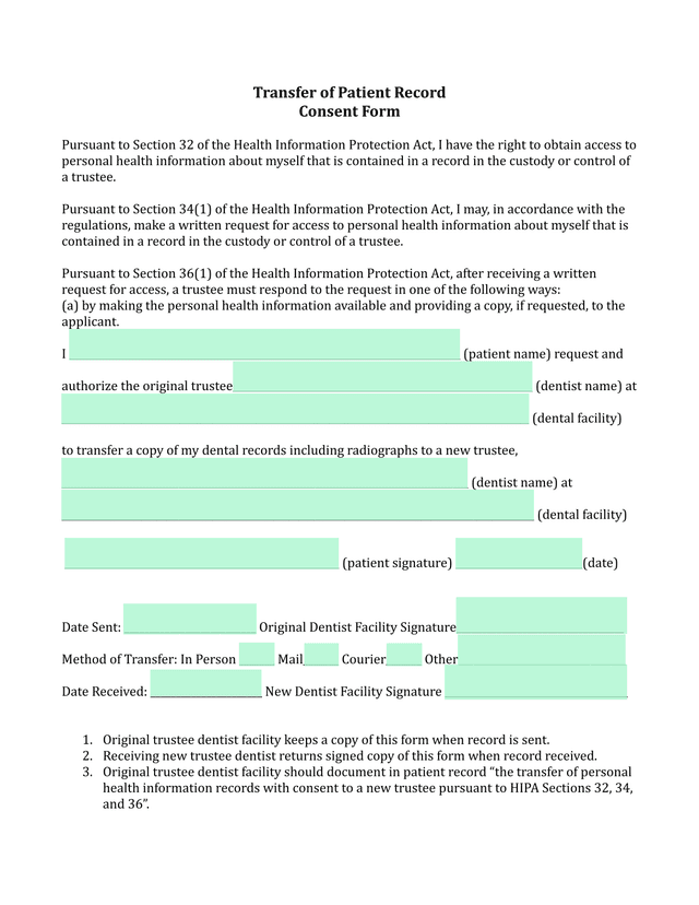 Transfer Of Patient Record Consent Form screenshot