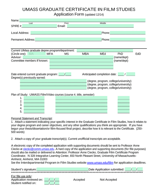 UMASS Graduate Certificate In Film Studies Application Form screenshot