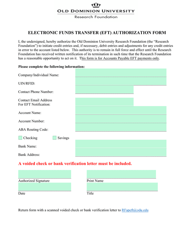 Electronic Funds Transfer (EFT) Authorization Form screenshot