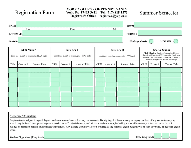 Summer Semester Registration Form screenshot