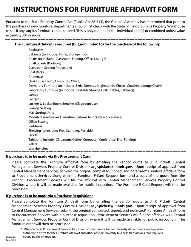 Instructions For Furniture Affidavit Form screenshot