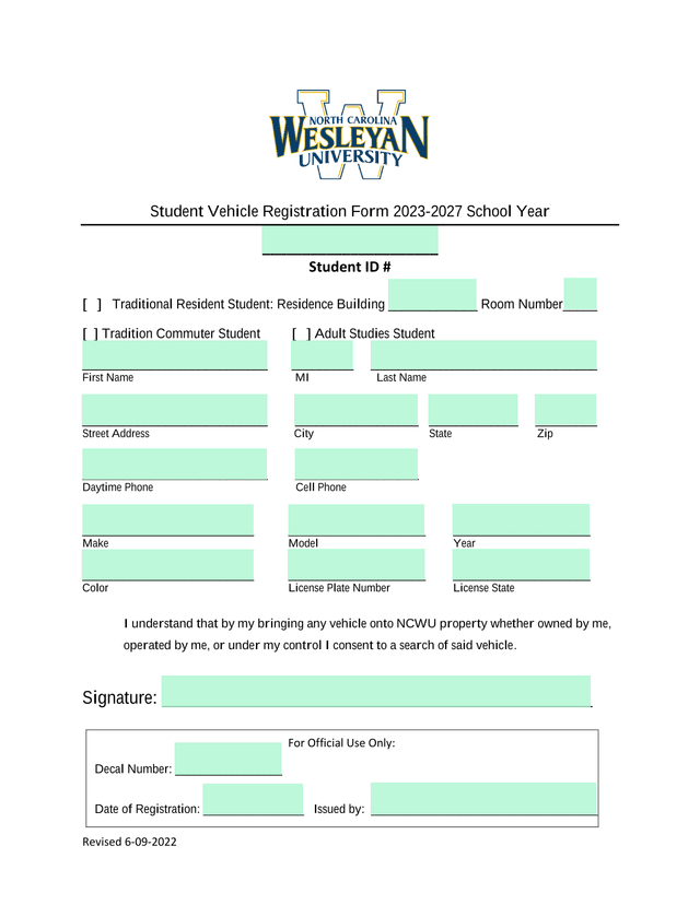 Student Vehicle Registration Form 2023 2027 School Year screenshot