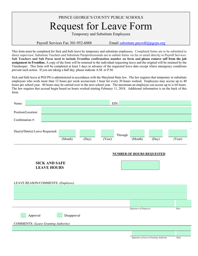 Request For Leave Form   Temporary And Substitute Employees screenshot