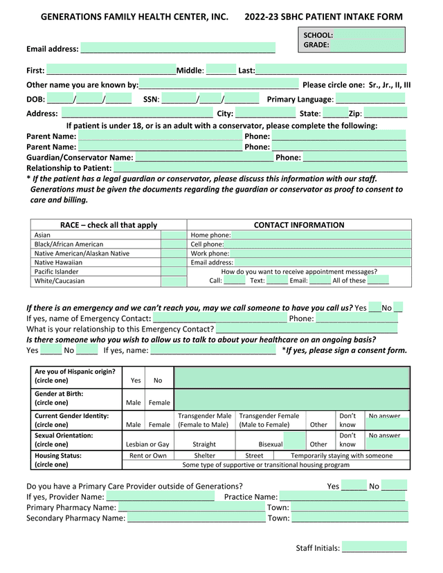 2022 23 SBHC Patient Intake Form screenshot