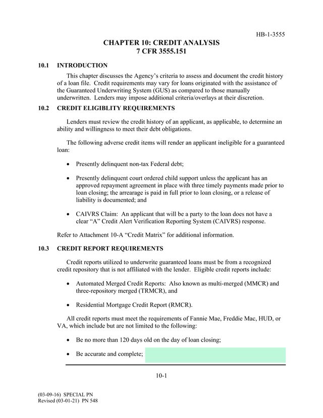 HB 1 3555 Credit Analysis Guidelines screenshot