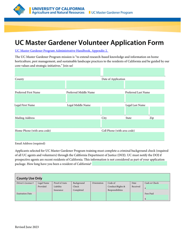 UC Master Gardener Volunteer Application Form screenshot
