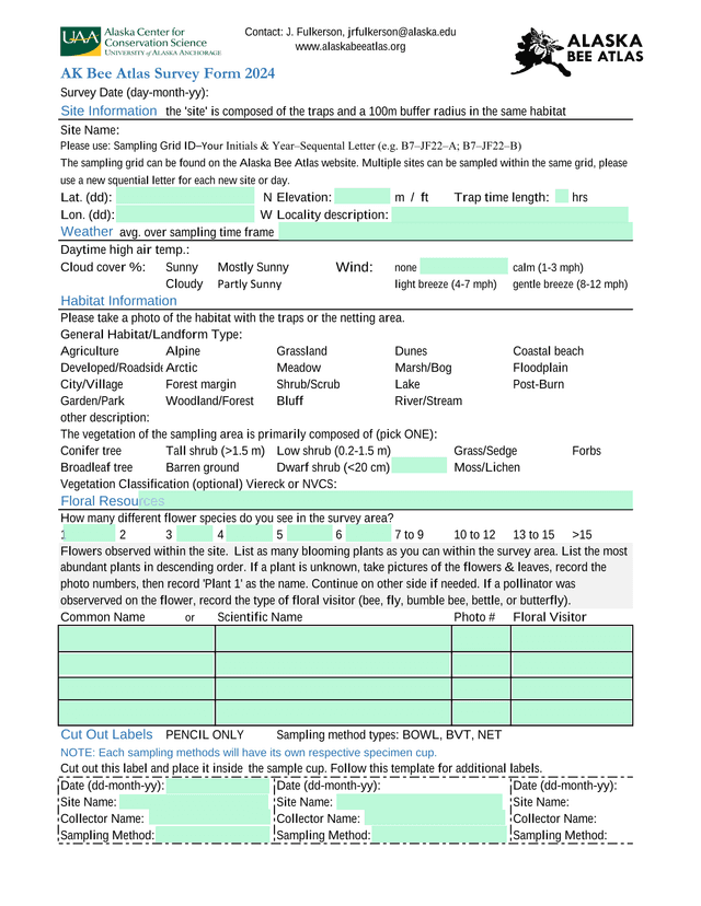 AK Bee Atlas Survey Form 2024 screenshot