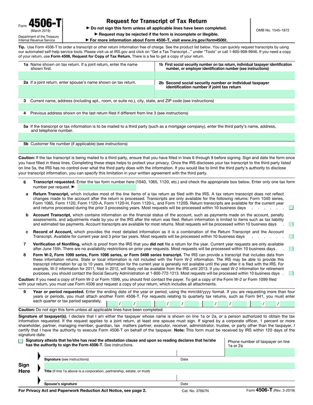 Form 4506 T screenshot