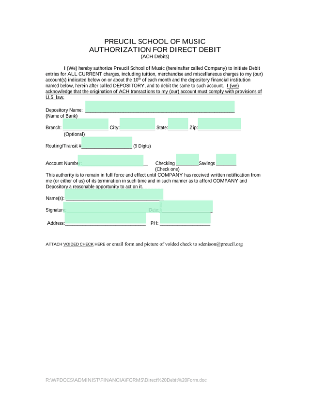 Authorization For Direct Debit (ACH Debits) screenshot