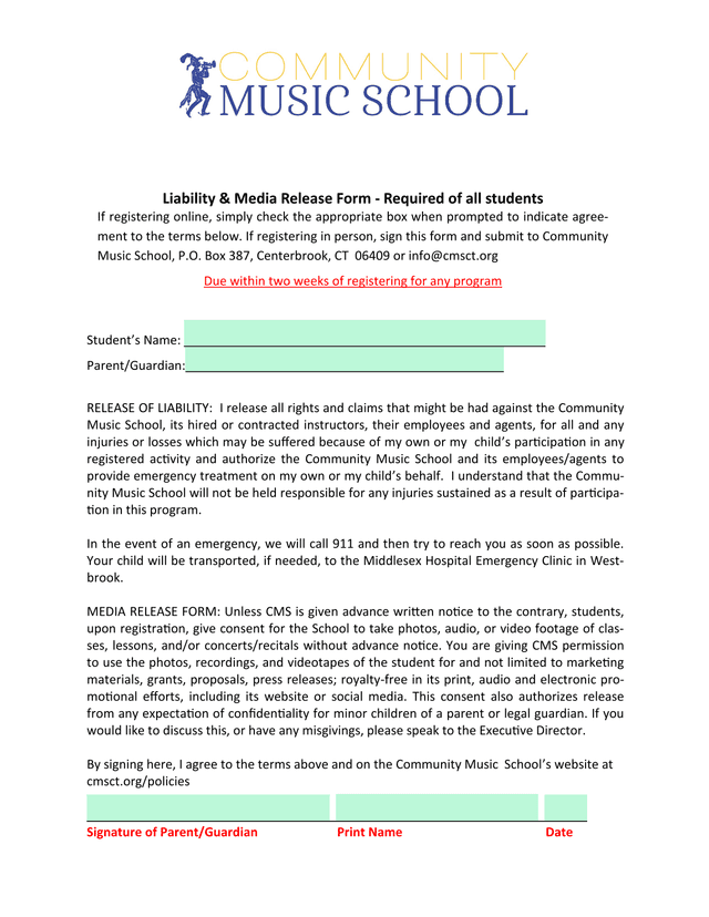 Liability  Media Release Form   Required Of All Students screenshot