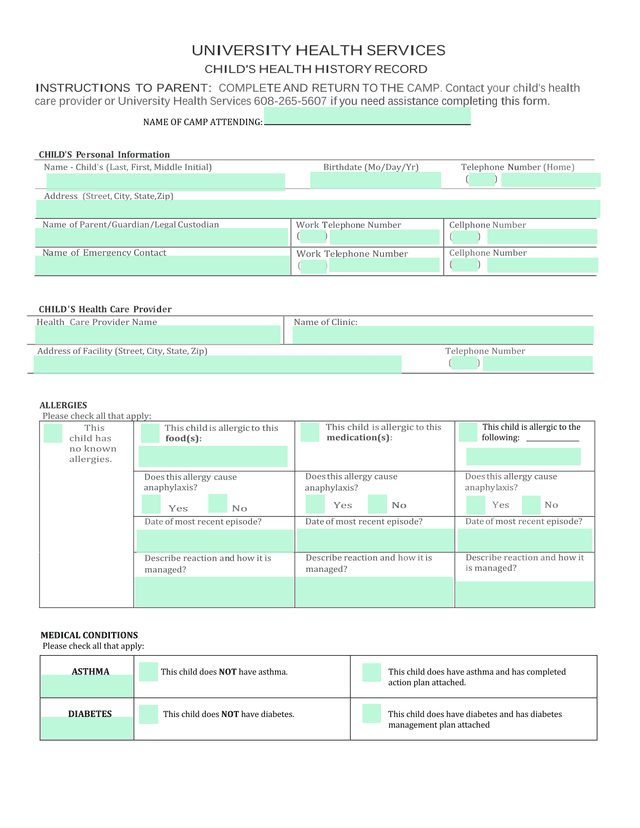 ChildS Health History Record screenshot