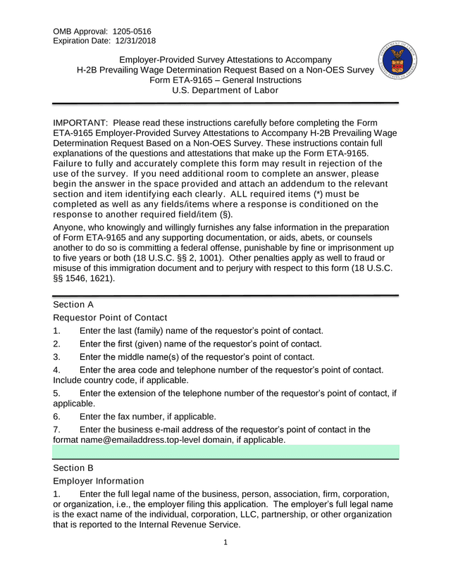 Form ETA 9165  General Instructions screenshot