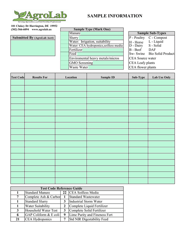 AgroLab Sample Information Form screenshot