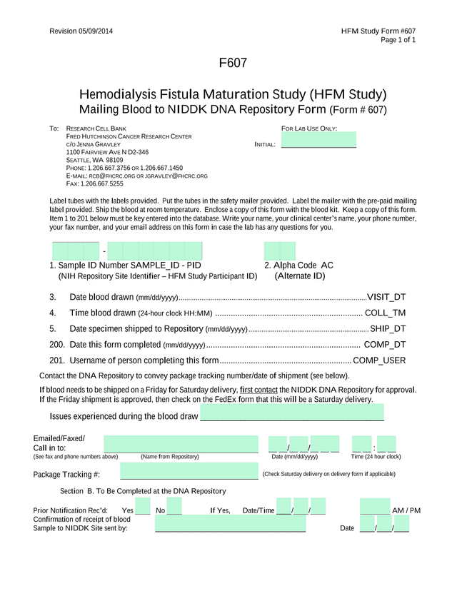 HFM Study Form 607 Mailing Blood To NIDDK DNA Repository Form screenshot