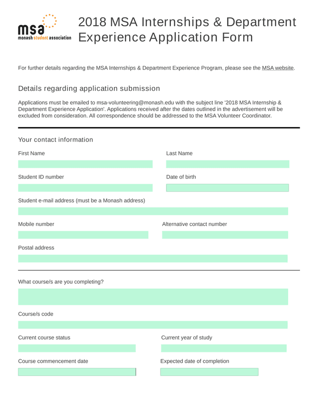 2018 MSA Internships  Department Experience Application Form screenshot