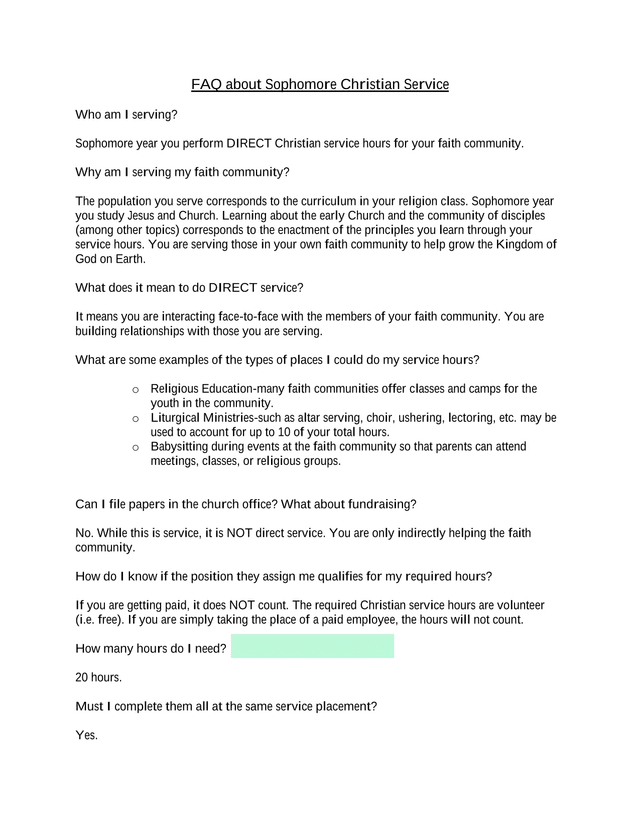 Sophomore Christian Service FAQ screenshot