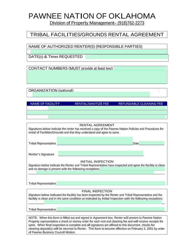 Pawnee Nation Of Oklahoma Tribal FacilitiesGrounds Rental Agreement screenshot