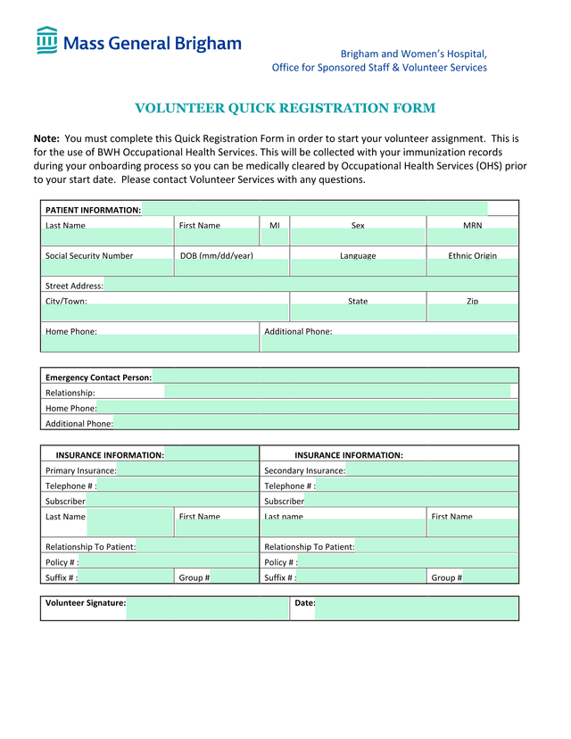 VOLUNTEER QUICK REGISTRATION FORM screenshot
