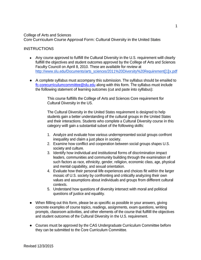 College Of Arts And Sciences Core Curriculum Course Approval Form Cultural Diversity In The United S screenshot