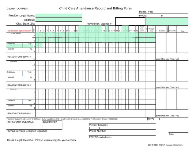 Child Care Attendance Record And Billing Form screenshot