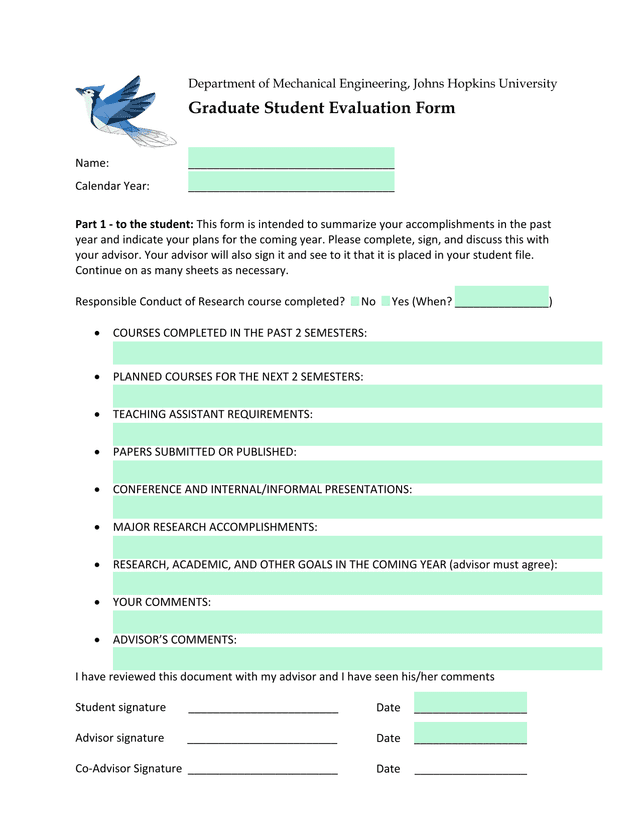 Graduate Student Evaluation Form screenshot
