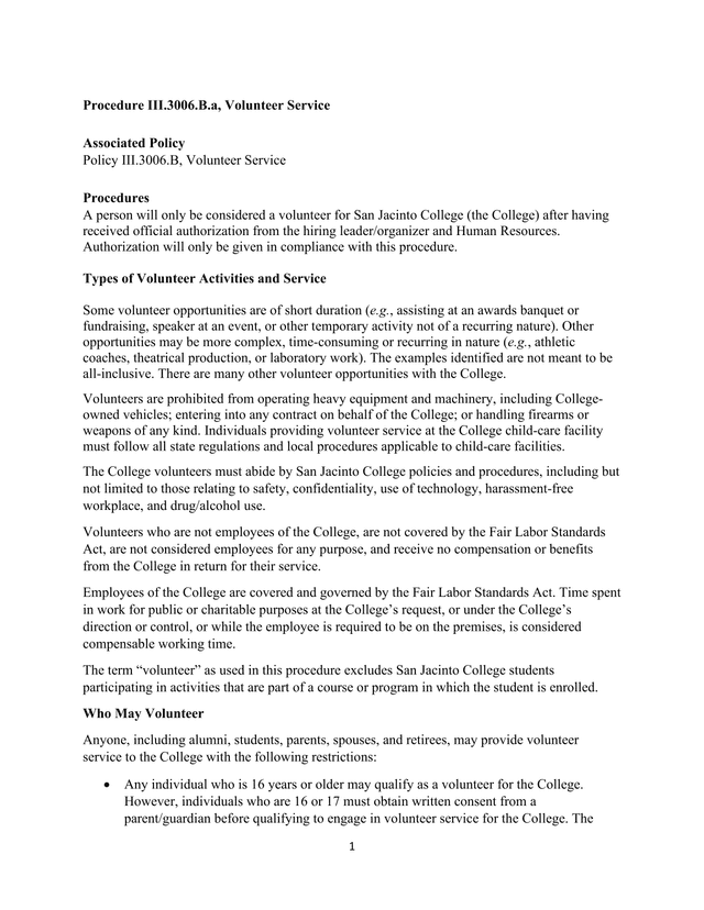 Procedure III.3006.B.A, Volunteer Service screenshot