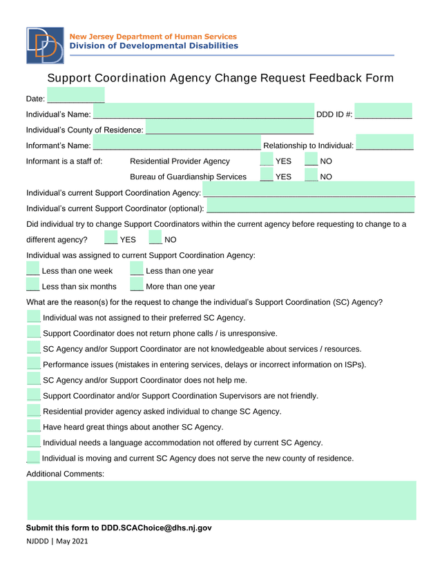 Support Coordination Agency Change Request Feedback Form screenshot
