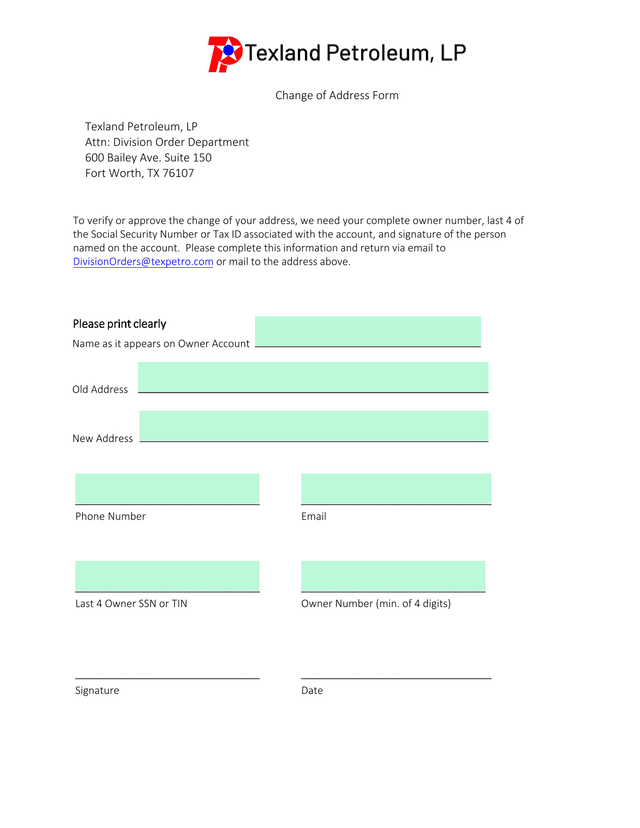 Change Of Address Form screenshot