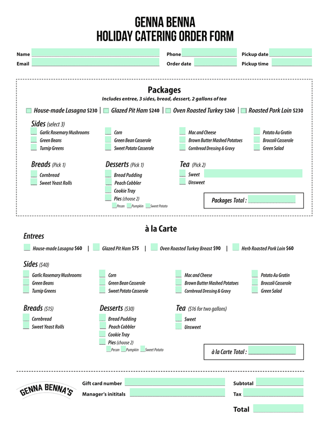 Genna Benna Holiday Catering Order Form screenshot