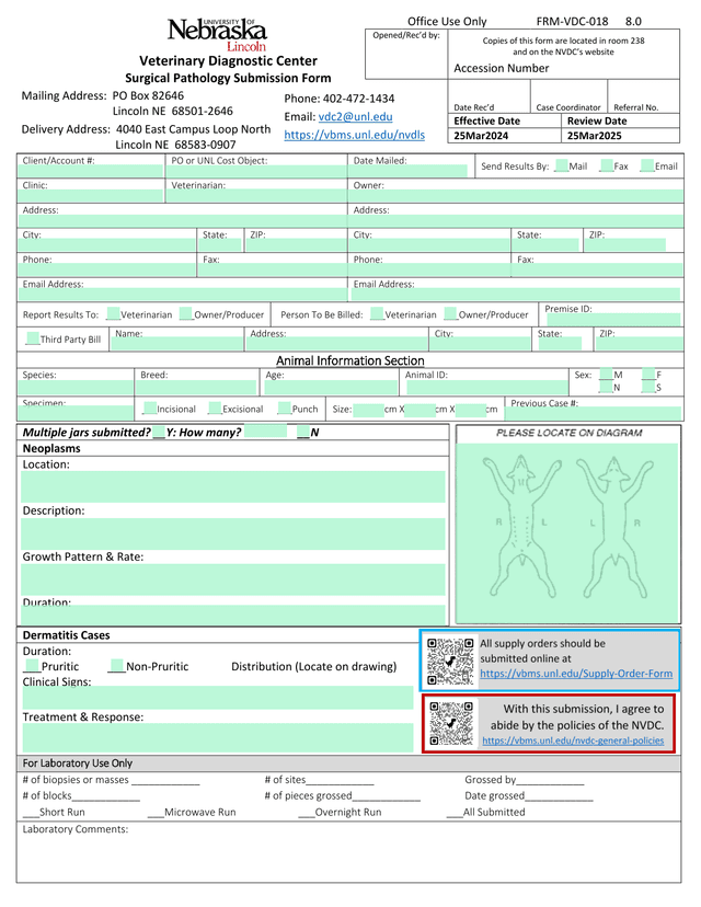 Veterinary Diagnostic Center Surgical Pathology Submission Form screenshot