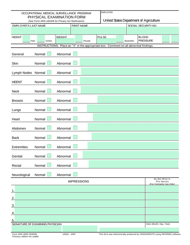 OCCUPATIONAL MEDICAL SURVEILLANCE PROGRAM PHYSICAL EXAMINATION FORM screenshot