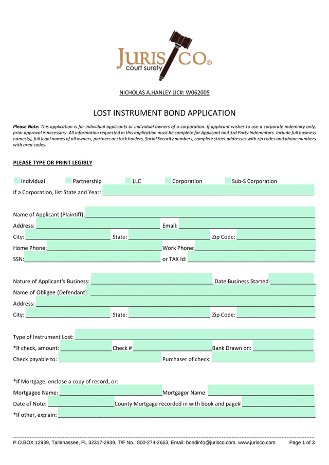 Lost Instrument Bond Application screenshot